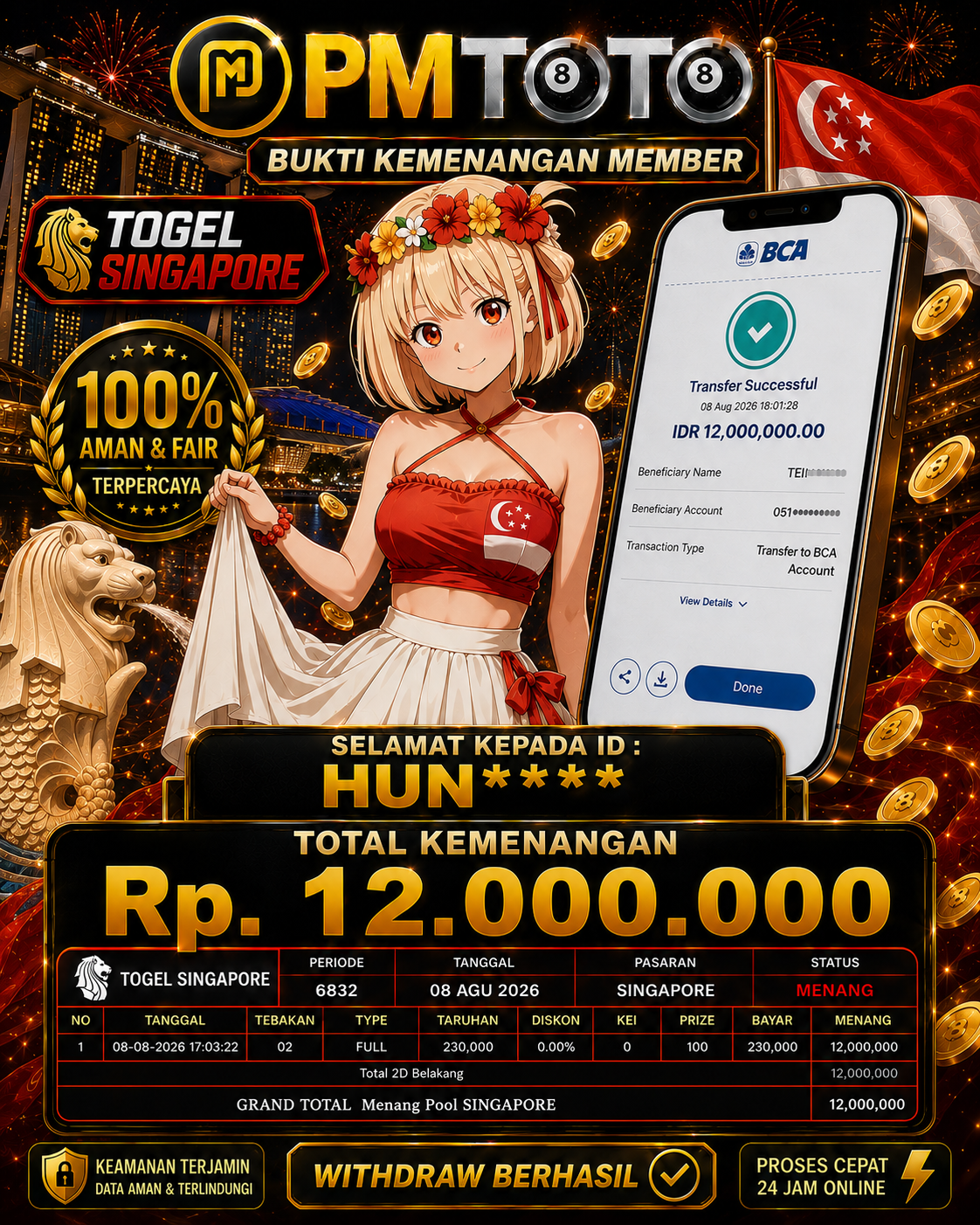 SELAMAT KEPADA MEMBER HUNXXX JACKPOT 12 JUTA DI TOGEL SINGAPORE