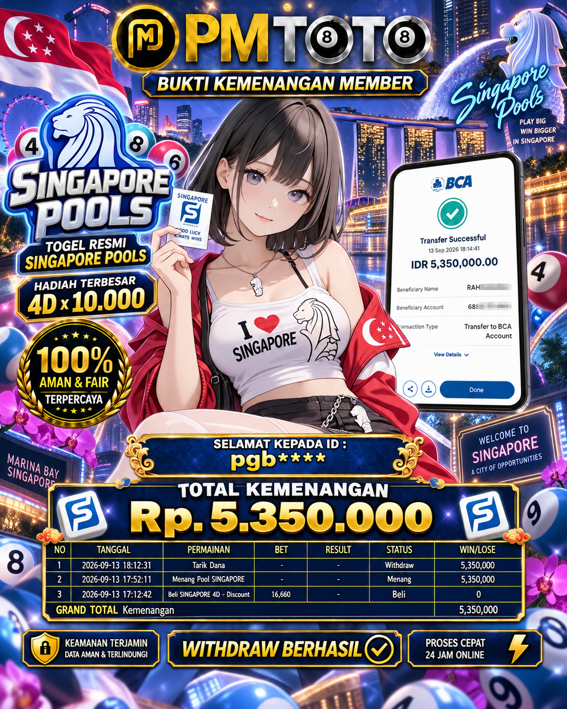 SELAMAT KEPADA MEMBER PGBXXX JACKPOT 5.3 JUTA DI TOGEL SINGAPORE POOLS